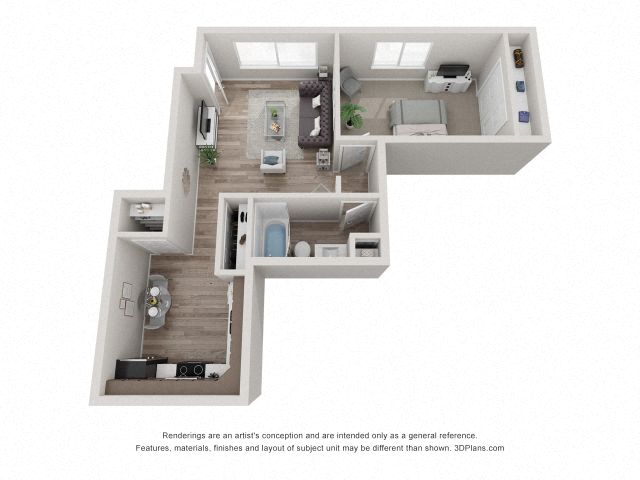 Floor plan for 1 bed, 1 bath, 740 sqft